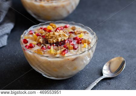 Traditional Turkish Delicious Mixed Dessert, Ashura (asure) With Pomegranate Seeds, Walnut, Apricot,