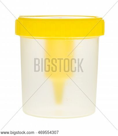 Empty Closed Translucent Plastic Container For Collecting Medical Urine Test Isolated On White Backg