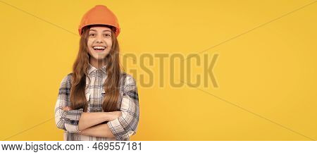Nice Smile. Building And Construction Concept. Happy Child Worker Wear Hardhat. Child In Hard Hat Ho