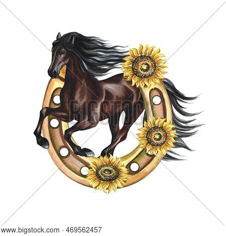 Running Horse. Hand Watercolor. Brown Horse Isolate. For Printing, Stickers And Labels. For Postcard