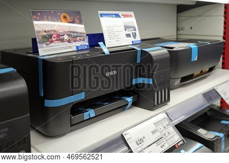Epson L3100 Printer On Display. Printer By Seiko Epson Corporation, Or Simply Epson, Japanese Electr