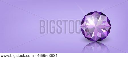 Vector Horizontal Banner With 3d Realistic Purple Transparent Round Glowing Gemstone, Diamond, Cryst