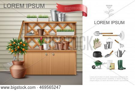 Realistic Garden Colorful Composition With Cupboard And Shelves With Flowerpots Buckets Trowel Fruit
