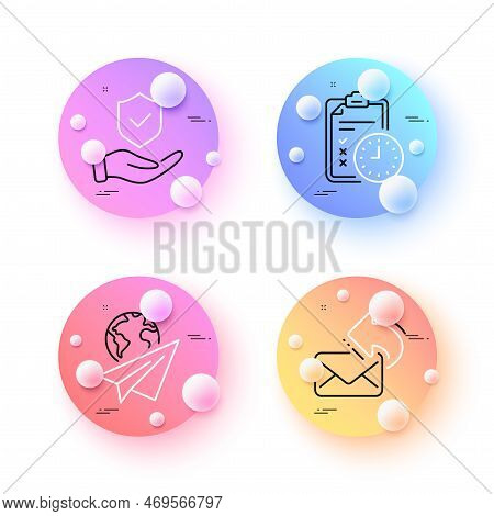 Insurance Hand, Paper Plane And Exam Time Minimal Line Icons. 3d Spheres Or Balls Buttons. Share Mai