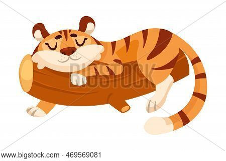 Cute Tiger Cub With Striped Orange Fur Sleeping On Tree Branch Vector Illustration