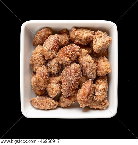 Candied Almonds In A White Square Bowl. Homemade, In A Special Way Cooked Almonds, Whole Nuts Coated