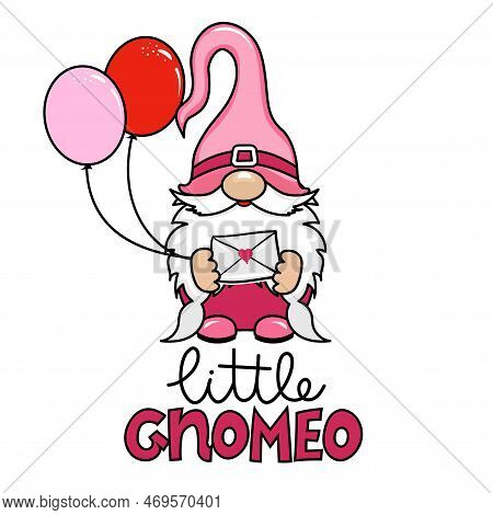 Little Gnomeo - Happy Valentine's Day Gnome With  Pink Balloons And Love Letter. Nordic Magic Dwarf.