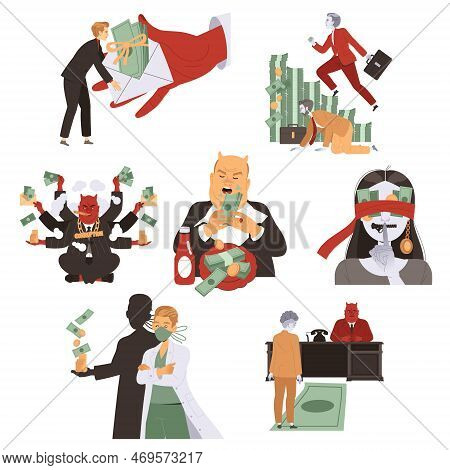 Bribery And Corruption With People Character Giving And Receiving Money Vector Set