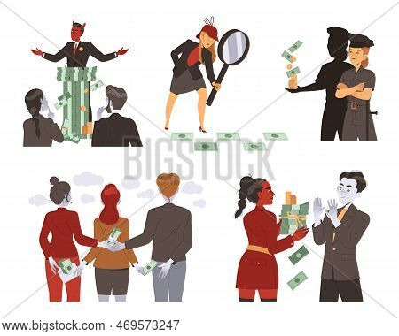 Bribery And Corruption With People Character Giving And Receiving Money Vector Set