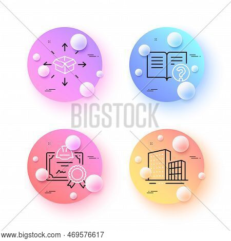 Help, Certificate And Buildings Minimal Line Icons. 3d Spheres Or Balls Buttons. Parcel Delivery Ico