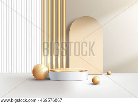 3d Realistic Elegant White And Gold Cylinder Podium Stand Decoration Golden Ball White And Gold Batt
