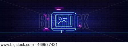 Neon Light Glow Effect. Photo Thumbnail Line Icon. Monitor With Image Sign. Picture Placeholder Symb