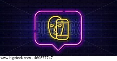 Neon Light Speech Bubble. Face Biometrics Line Icon. Facial Recognition By Phone Sign. Head Scanning