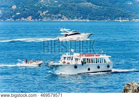 La Spezia, Italy - July 16, 2022: White Motor Boats In The Blue Mediterranean Sea On A Sunny Summer 