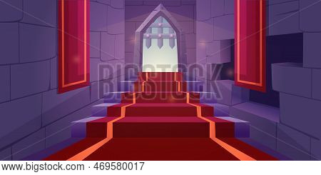 Brick Castle Wall. Dungeon Stairs. Medieval Interior With Window And Arch Gate. Vintage Wood House. 