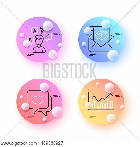 Love Letter, Infochart And Smile Face Minimal Line Icons. 3d Spheres Or Balls Buttons. Quiz Test Ico