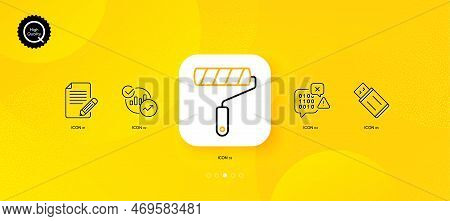 Usb Flash, Binary Code And Statistics Minimal Line Icons. Yellow Abstract Background. Article, Paint