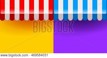 3d Striped Awning. Red And White And Blue And White Sunshade Against The Colourful Wall. Store Retai