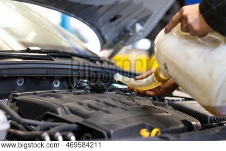 Professional Car Servis Man Changing The Motor Oil By The Car Engine, Car Service Concept