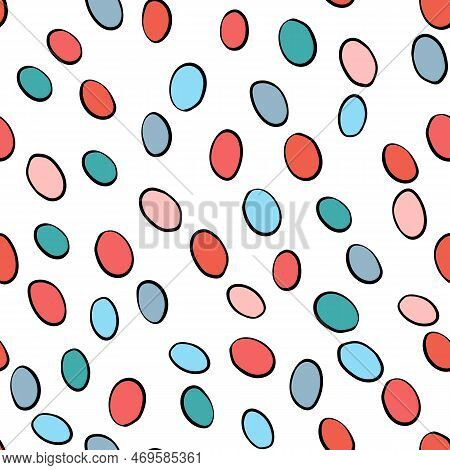 Happy Easter Seamless Pattern With Colorful Eggs On White Background. Polka Dots Design For Card, Po
