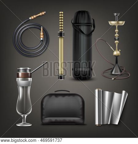 Vector Set Of Hookah Stuff Big Nargile, E-hookah, Hurricane Glass, Coiled Hose, Carrying Bag, Case A