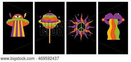 Set Of Groovy Hipie Vertical Posters In 60s.70s Stayle. Vector Icons: Sun,lips With Rainbow,spaceshi