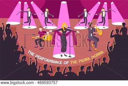Concert Scene Flat Composition With The Performance Of The Prima Donna Headline Vector Illustration