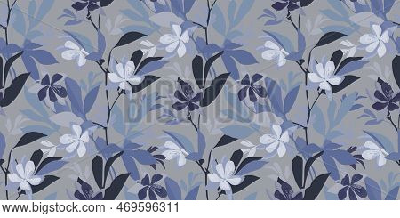 Vector Floral Seamless Pattern In Shades Of Blue And Purple. Aquilegia Flowers.