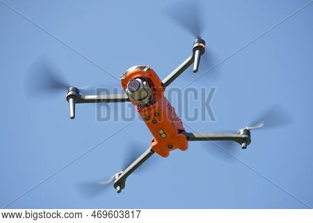 Leningrad Region, Russia - May 30, 2021: Autel Robotics Evo Ii Quadcopter Hovering Overhead In A Blu