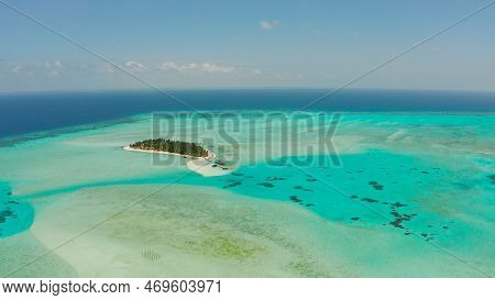 Tropical Island With Beautiful Beach, Palm Trees And Turquoise Water View From Above. Onok Island, B
