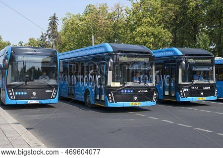 Moscow, Russia - August 17, 2022: Three Russian Electric Buses Kamaz-6282 On A Sunny August Day