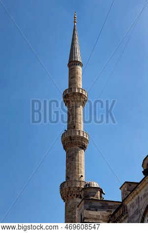 View Of One Of The Minarets Of The Famous Blue Mosque (also Known As The Sultan Ahmed Mosque). Is An