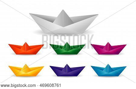 Folded Paper Boat Origami. Modern Origami Paper Ship. Collection Realistic Paper Boat Origami.