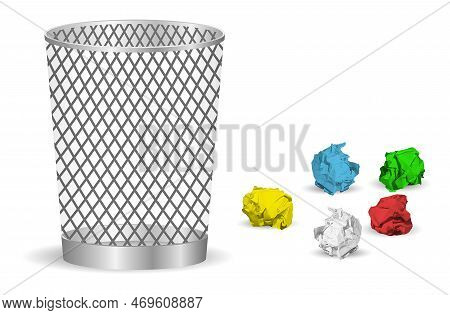 Crumpled Paper Balls And Metal Garbage Isolated On White