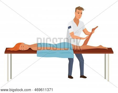 Massage Therapist At Work. Patient Lying On Couch, Enjoying Body Relaxing Treatment. Physiotherapist