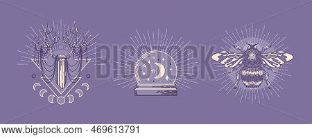 Magic Crystal Ball, Orbuculum, Fortune-telling Object. Deer Antlers, Sun Rays, Moon Phases, Bumblebe