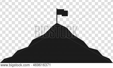 Mountaintop Goal. Silhouette. Way To Success. Challenges In Business And Career. Red Flag On The Mou