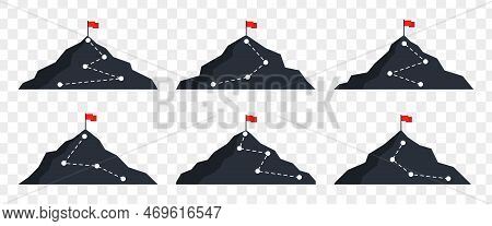 Mountaintop Goal. Set. Way To Success. Challenges In Business And Career. Red Flag On The Mountain. 
