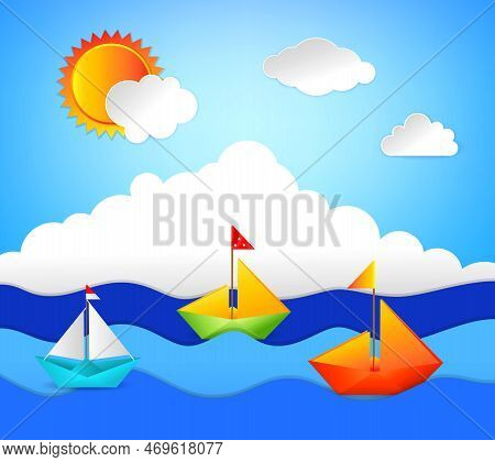 Folded Paper Boat Origami. Modern Origami Paper Ship. Collection Realistic Paper Boat Origami.