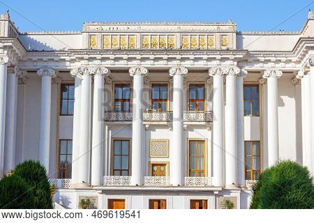 Dushanbe, Tajikistan - August 12, 2022: Tajik State Academic Ayni Opera And Ballet Theatre Against T