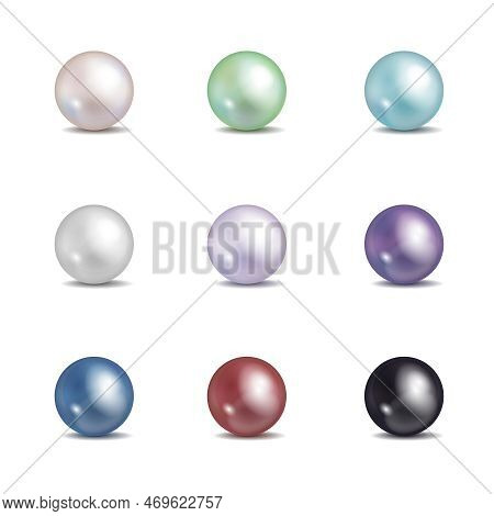 Multicolored Pearls. Vector Jewellery Nacre Beads Isolated On White Background. Set Of Colored Pearl