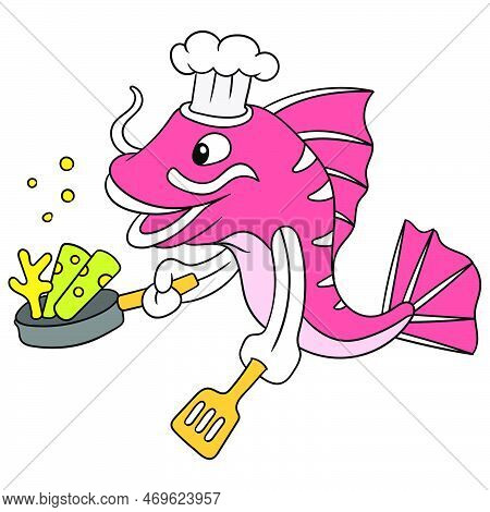 Red Snapper Is Cooking As A Chef Holding A Frying Pan, Vector Illustration Art. Doodle Icon Image Ka