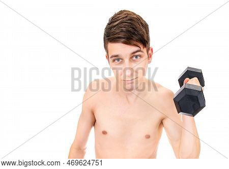 Skinny Young Man In Hold A Heavy Dumbbell Isolated On The White Background Closeup