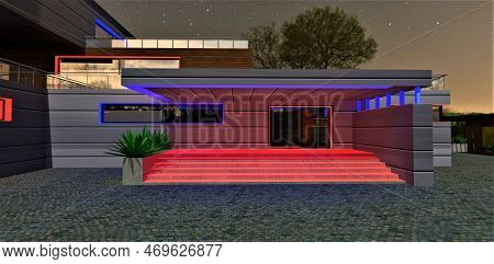 Wide Stone Steps Illuminated In Red On The Stylish Porch With Glass Entry Door To The Modern Dwellin
