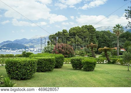 Landscape Of A Beautiful Green Park On Sveti Stefan Beach. Scenic View Of Milocer Park In Montenegro