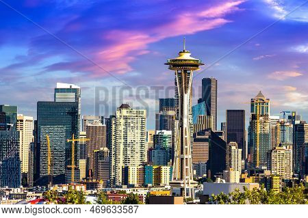 Panoramic View Of Seattle Cityscape  At Sunset, Washington, Usa