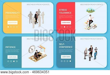 Soft Skills Isometric Colored Concept Banner Or Landing Set With Personality Stress Tolerance Patien