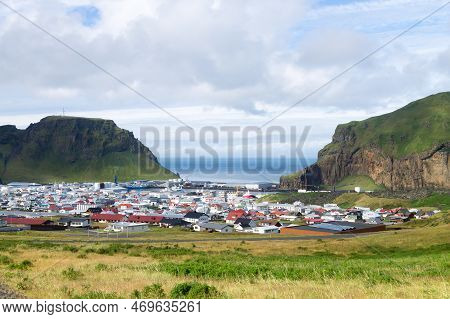 Heimaey Town Aerial View From Eldfell Volcano. Iceland Landscape. Westman Islands