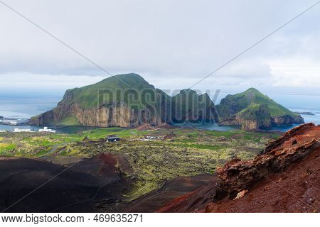 Heimaey Town Aerial View From Eldfell Volcano. Iceland Landscape. Westman Islands