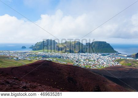 Heimaey Town Aerial View From Eldfell Volcano. Iceland Landscape. Westman Islands